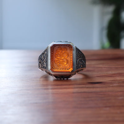 YEMENI ORANGE AQEEQ STERLING SILVER RING FOR MEN | US RING SIZE 10 - AlAliGems