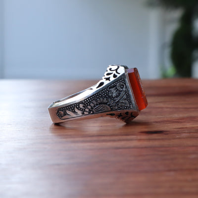 YEMENI ORANGE AQEEQ STERLING SILVER RING FOR MEN | US RING SIZE 10 - AlAliGems