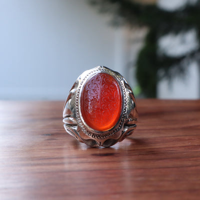 YEMENI ORANGE AQEEQ STERLING SILVER RING FOR MEN | US RING SIZE 10 - AlAliGems