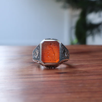 YEMENI ORANGE AQEEQ STERLING SILVER RING FOR MEN | US RING SIZE 9 - AlAliGems