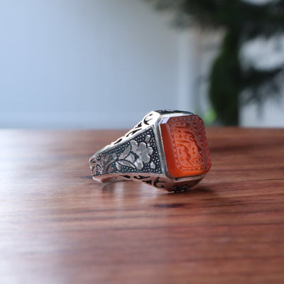 YEMENI ORANGE AQEEQ STERLING SILVER RING FOR MEN | US RING SIZE 9 - AlAliGems