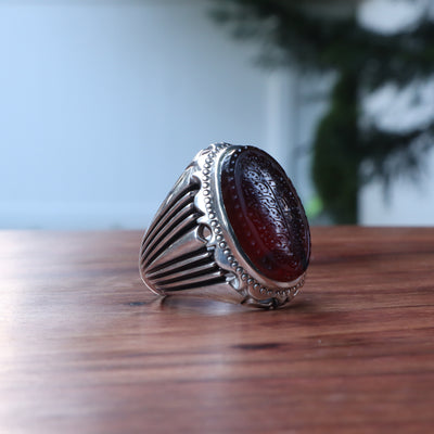 YEMENI RED AQEEQ STERLING SILVER RING FOR MEN | US RING SIZE 9.5 - AlAliGems