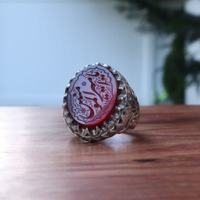 YEMENI RED AQEEQ STERLING SILVER RING FOR MEN | US RING SIZE 12.5 - AlAliGems