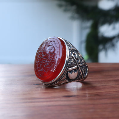 YEMENI RED AQEEQ STERLING SILVER RING FOR MEN | US RING SIZE 12 - AlAliGems