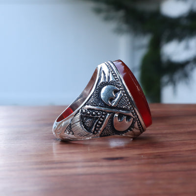 YEMENI RED AQEEQ STERLING SILVER RING FOR MEN | US RING SIZE 12 - AlAliGems
