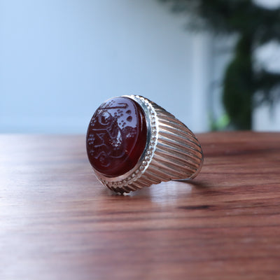 YEMENI RED AQEEQ STERLING SILVER RING FOR MEN | US RING SIZE 11 - AlAliGems