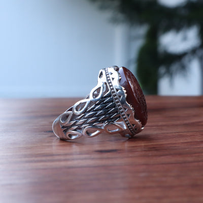 YEMENI RED AQEEQ STERLING SILVER RING FOR MEN | US RING SIZE 10 - AlAliGems