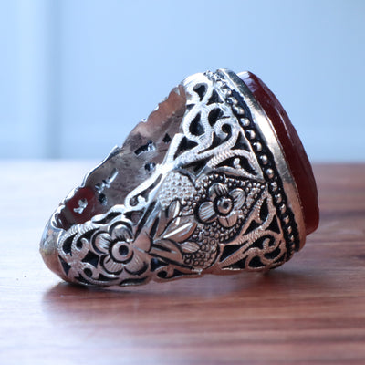 YEMENI RED AQEEQ STERLING SILVER RING FOR MEN | US RING SIZE 10 - AlAliGems