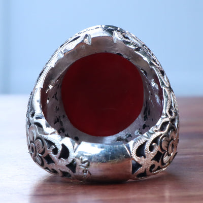 YEMENI RED AQEEQ STERLING SILVER RING FOR MEN | US RING SIZE 10 - AlAliGems