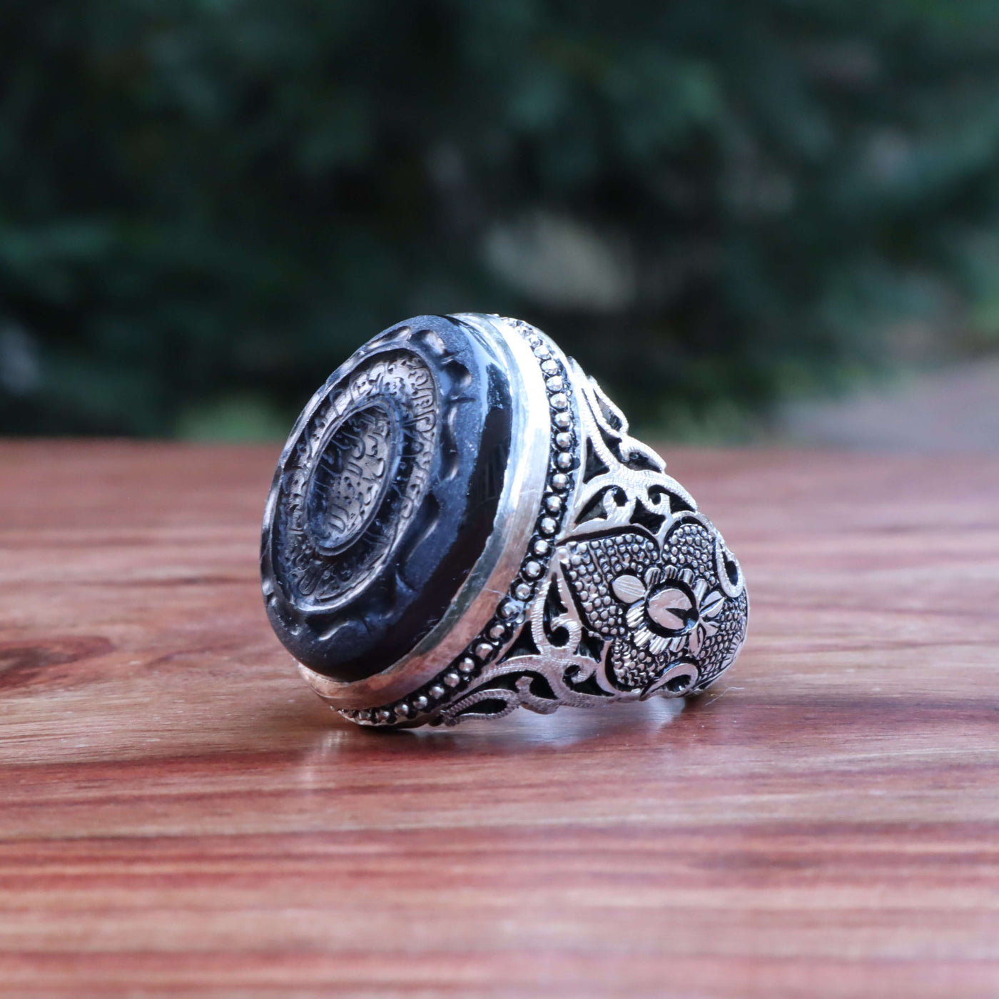 Handmade Black Aqeeq Ring Engraved & Hand Carved Size 10 - AlAliGems