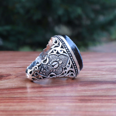 Handmade Black Aqeeq Ring Engraved & Hand Carved Size 10 - AlAliGems