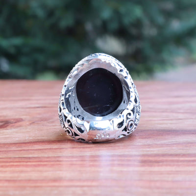 Handmade Black Aqeeq Ring Engraved & Hand Carved Size 10 - AlAliGems