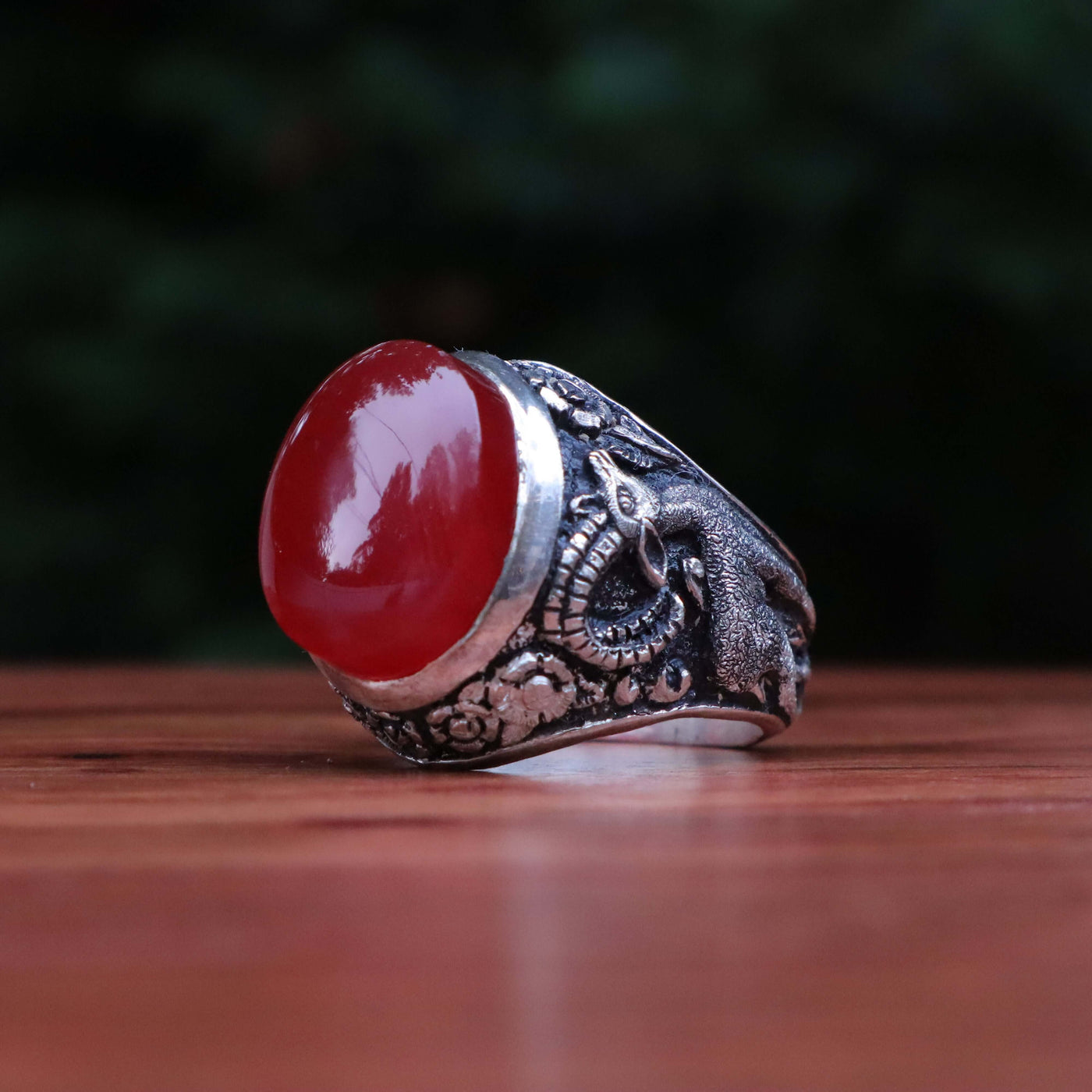 Red Aqeeq Ring Men | Yemeni Aqeeq Ring | Plain Red Aqeeq | Fully Hand Engraved | US Size 12 - Al Ali Gems