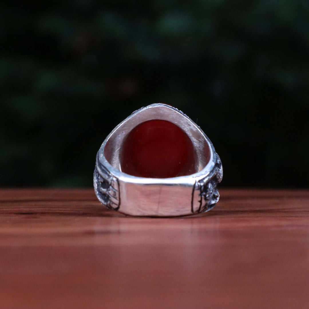 Red Aqeeq Ring Men | Yemeni Aqeeq Ring | Plain Red Aqeeq | Fully Hand Engraved | US Size 12 - Al Ali Gems