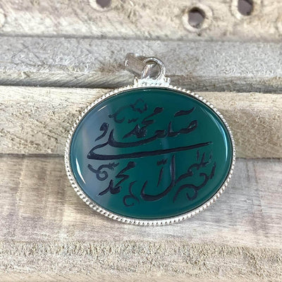 Allahumma Salli Ala Muhammad Wa Aalay Muhammad | Yemeni Green Aqeeq Pendant | Green Yemeni Akik stone Pendant silver unisex | AlAliGems - Al Ali Gems