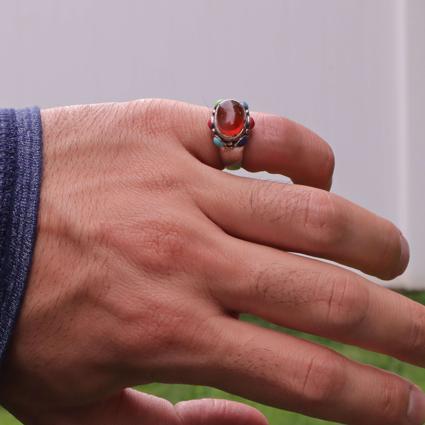 Red Yemeni Aqeeq Ring For Ladies with colored stones on side Handmade Silver Akik Stone Ring For Women | US Size 5 - AlAliGems