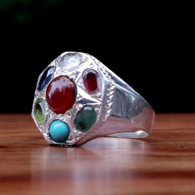 Multi Stone Silver Aqeeq Ring for Men and Ladies with Yemeni Red Aqeeq, Dur e Najaf, Feroza, Emerald, Ruby, Peridot, Sapphire | US Size 8 & 9.5 - AlAliGems