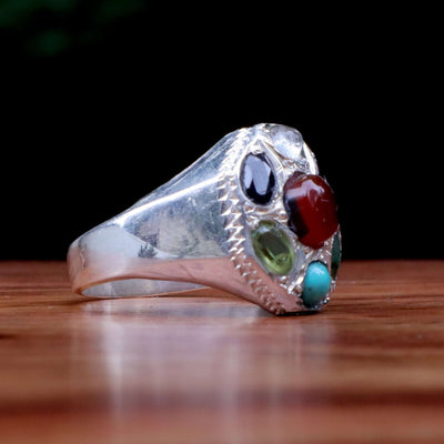 Multi Stone Silver Aqeeq Ring for Men and Ladies with Yemeni Red Aqeeq, Dur e Najaf, Feroza, Emerald, Ruby, Peridot, Sapphire | US Size 8 & 9.5 - AlAliGems