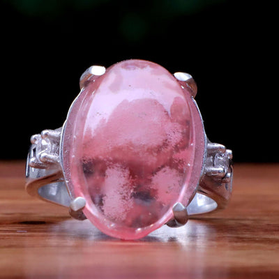 Handmade Persian Silver Ring For Women | Natural Pink Quartz Ring | US Size 7.5 - AlAliGems