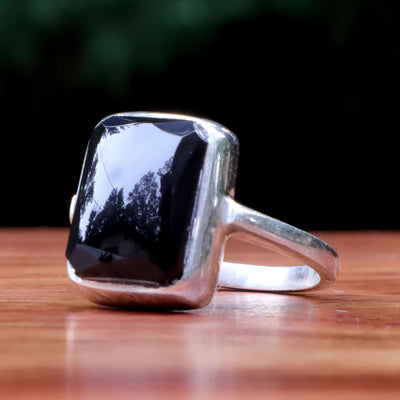 Black Akik Stone Ring For Women | Natural Yemeni Aqeeq Ring For Ladies Sterling Silver | US Size 6.5 - AlAliGems