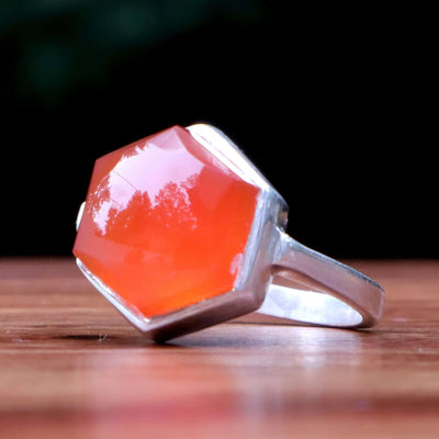Diamond Cut Orange Yemeni Aqeeq Ring For Ladies | Handmade Silver Akik Stone Ring For Women | US Size 6.5 - AlAliGems