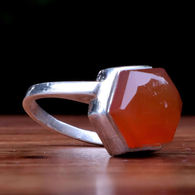 Diamond Cut Orange Yemeni Aqeeq Ring For Ladies | Handmade Silver Akik Stone Ring For Women | US Size 7 - AlAliGems