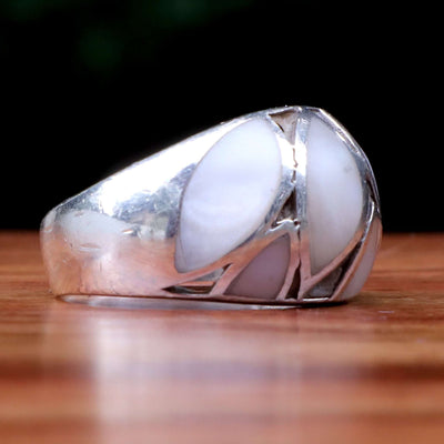 Handmade Persian Sterling Silver Ring For Women | Natural White Shell Gemstone Inlay Ring | US Size 6.5 - AlAliGems