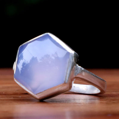 Diamond Cut Blue Yemeni Aqeeq Ring For Ladies | Handmade Silver Akik Stone Ring For Women | US Size 7.25 - AlAliGems