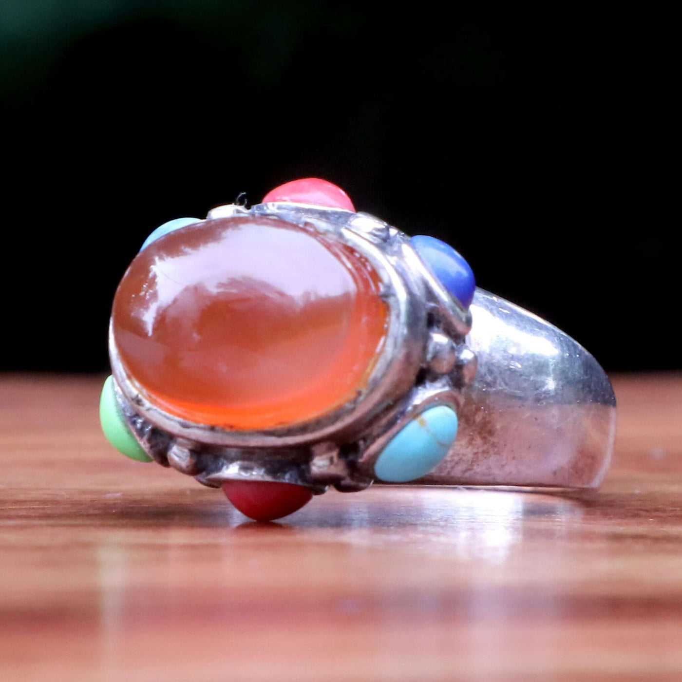 Red Yemeni Aqeeq Ring For Ladies with colored stones on side Handmade Silver Akik Stone Ring For Women | US Size 5 - AlAliGems