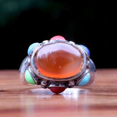 Red Yemeni Aqeeq Ring For Ladies with colored stones on side Handmade Silver Akik Stone Ring For Women | US Size 5 - AlAliGems