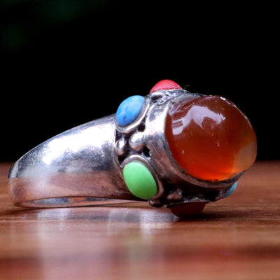 Red Yemeni Aqeeq Ring For Ladies with colored stones on side Handmade Silver Akik Stone Ring For Women | US Size 5 - AlAliGems