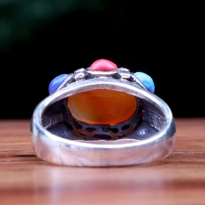 Red Yemeni Aqeeq Ring For Ladies with colored stones on side Handmade Silver Akik Stone Ring For Women | US Size 5 - AlAliGems