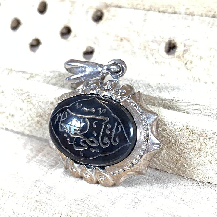 Black Akik Pendant for men and women | S925K | Jazaa Black Yemeni Aqeeq Stone Pendant | Jazaa Black Aqeeq Yemeni | AlAliGems - Al Ali Gems