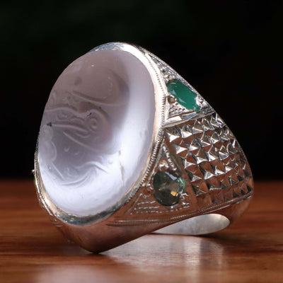 Handmade Dur e Najaf Ring Sterling Silver 92.5 | Original Dur Alnajaf Stone Engraved with Ali Wali Allah with Side stones Emerald Ruby and 2 Peridots | US Size 10 - AlAliGems