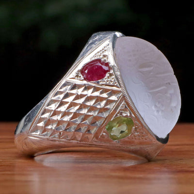 Handmade Dur e Najaf Ring Sterling Silver 92.5 | Original Dur Alnajaf Stone Engraved with Ali Wali Allah with Side stones Emerald Ruby and 2 Peridots | US Size 10 - AlAliGems