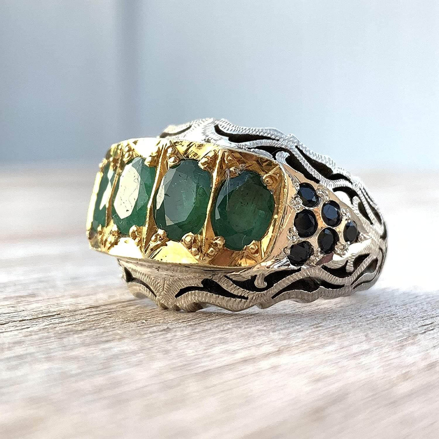 Emerald Sapphire Ring for men | Handmade perisan sterling silver 925 | Zamurd And Neelam Ring For Men | خاتم زمرد وزفير | US Size 10 - Al Ali Gems