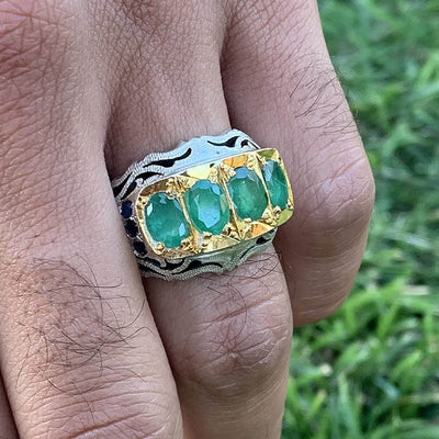 Emerald Sapphire Ring for men | Handmade perisan sterling silver 925 | Zamurd And Neelam Ring For Men | خاتم زمرد وزفير | US Size 10 - Al Ali Gems