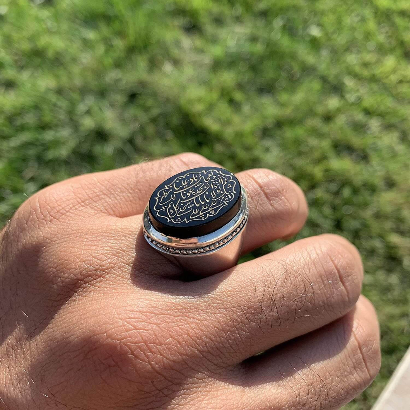 Engraved black jazaa aqeeq stone ring for men | Engraved Nad e Ali | AlAliGems | Genuine Yemeni Aqeeq Ring US Size 11 - Al Ali Gems