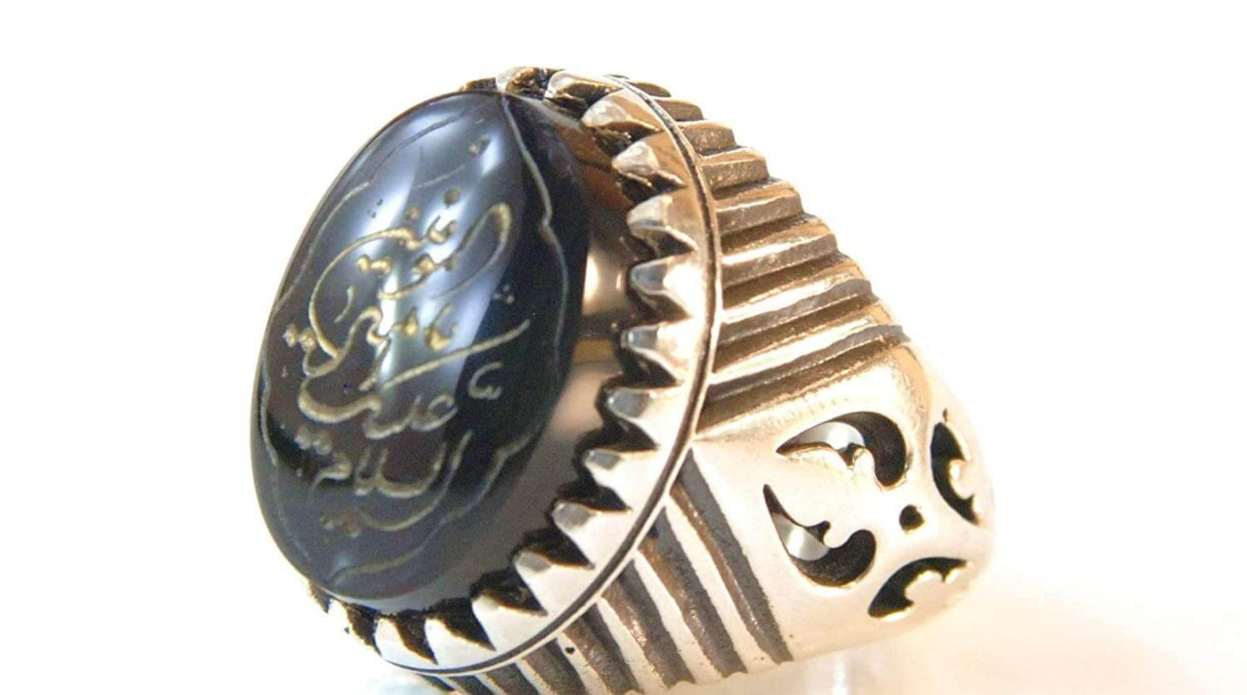 Engraved black jazaa onyx aqeeq stone ring for men | AlAliGems | Genuine Yemeni Aqeeq Ring Size 10 - Al Ali Gems