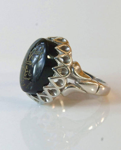 Engraved black jazaa onyx aqeeq stone ring for men | AlAliGems | Genuine Yemeni Aqeeq Ring Size 10 - Al Ali Gems