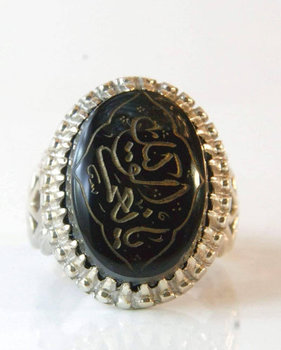 Engraved black jazaa onyx aqeeq stone ring for men | AlAliGems | Genuine Yemeni Aqeeq Ring Size 10 - Al Ali Gems
