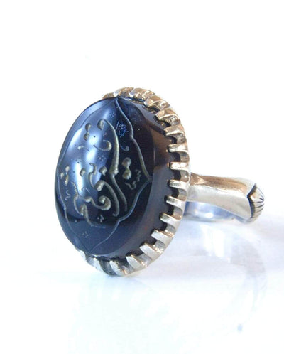 Black Aqeeq Sterling Silver Engraved Ring | Black Agate Sterling Silver Ring Engraved Ya Qamar-E-Bani Hashim يا قمر بني هاشم | US Size 10 - Al Ali Gems