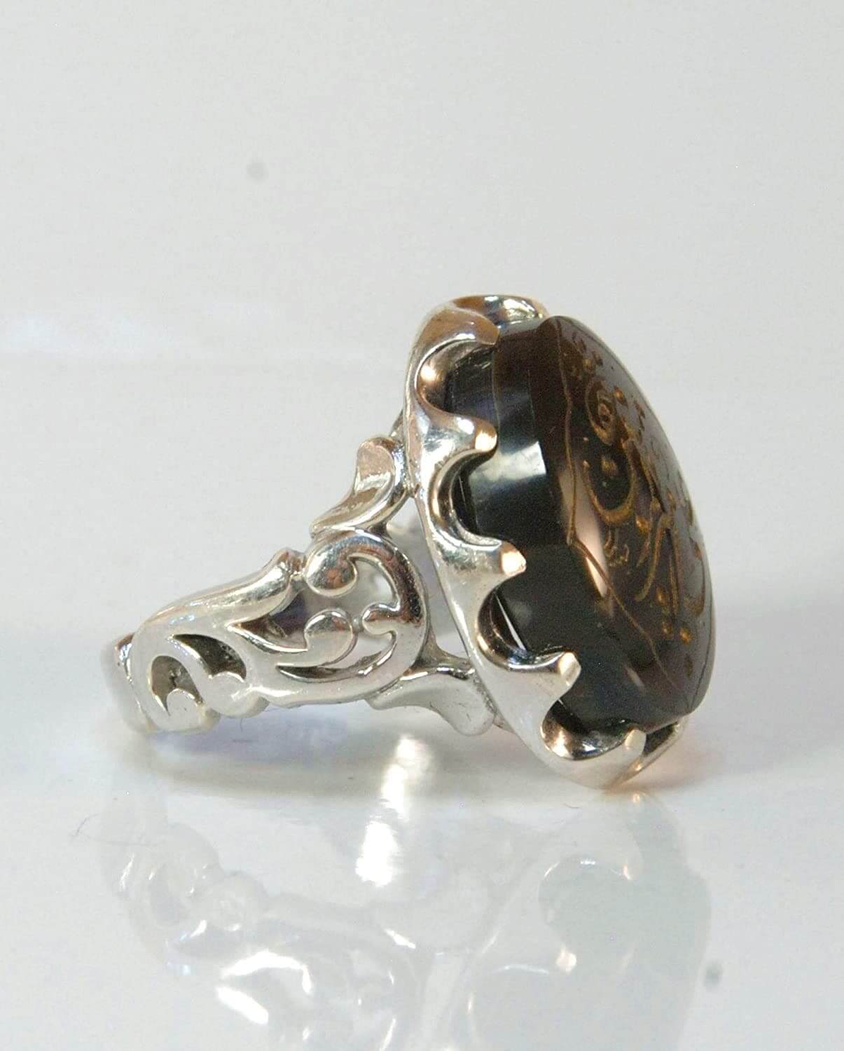 Engraved black jazaa onyx aqeeq stone ring for men | AlAliGems | Genuine Yemeni Aqeeq Ring Size 10 - Al Ali Gems