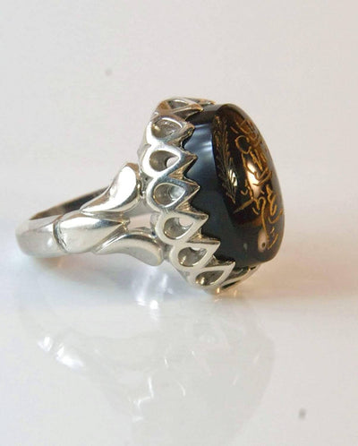Engraved black jazaa onyx aqeeq stone ring for men | AlAliGems | Genuine Yemeni Aqeeq Ring Size 10 - Al Ali Gems