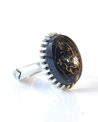 Black Aqeeq Sterling Silver Engraved Ring | Black Agate Sterling Silver Ring Engraved Ya Qamar-E-Bani Hashim يا قمر بني هاشم | US Size 10 - Al Ali Gems