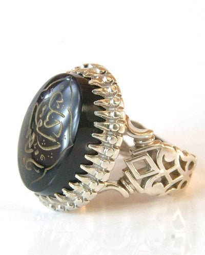 Engraved black jazaa onyx aqeeq stone ring for men | AlAliGems | Genuine Yemeni Aqeeq Ring Size 10 - Al Ali Gems
