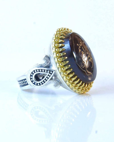 Engraved black jazaa onyx aqeeq stone ring for men | AlAliGems | Genuine Yemeni Aqeeq Ring Size 10 - Al Ali Gems