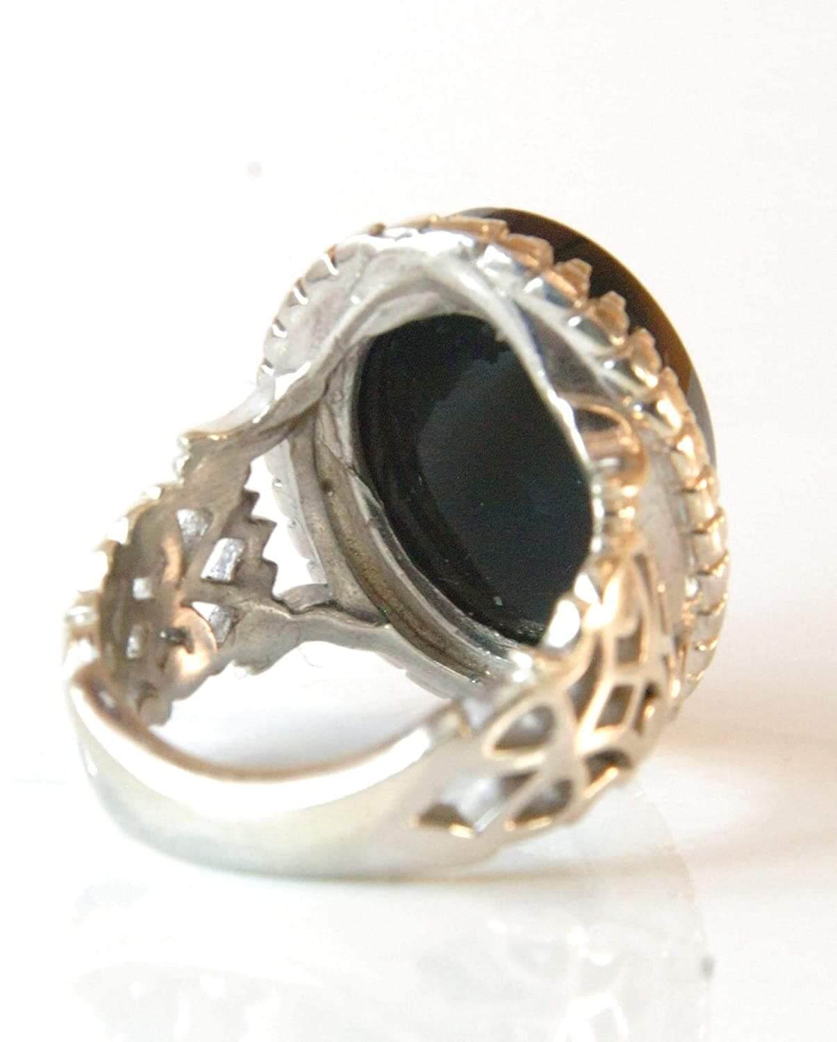 Engraved black jazaa onyx aqeeq stone ring for men | AlAliGems | Genuine Yemeni Aqeeq Ring Size 10 - Al Ali Gems