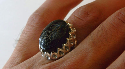 Engraved black jazaa onyx aqeeq stone ring for men | AlAliGems | Genuine Yemeni Aqeeq Ring Size 10 - Al Ali Gems