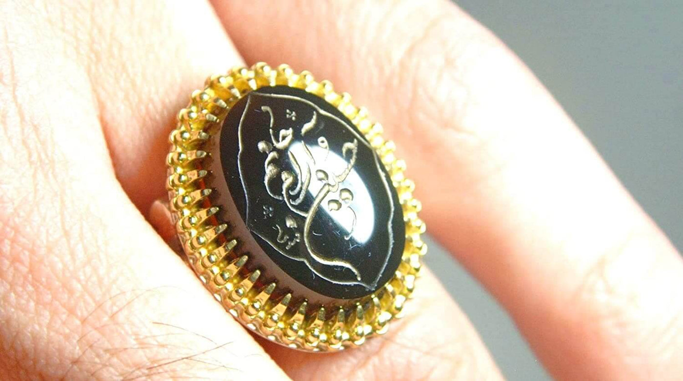 Engraved black jazaa onyx aqeeq stone ring for men | AlAliGems | Genuine Yemeni Aqeeq Ring Size 10 - Al Ali Gems